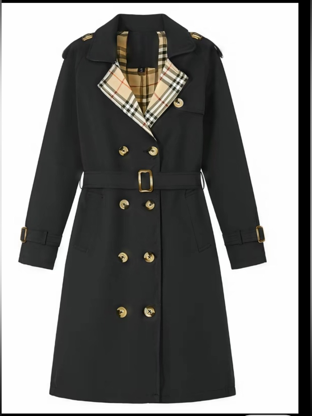 Black Trench Coat with Plaid Lining - Classic Double-Breasted Jacket